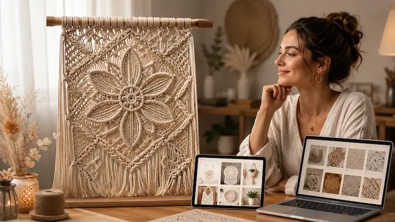 Indian woman creating beautiful macramé wall hanging at home